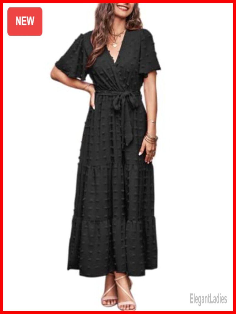 Womens Swiss Dot Maxi Dress Wrap V Neck Flutter Sleeve Tiered Bohemian